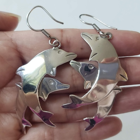Vtg Sterling Taxco TC-259 Dolphins Dangle Earrings - Picture 2 of 5